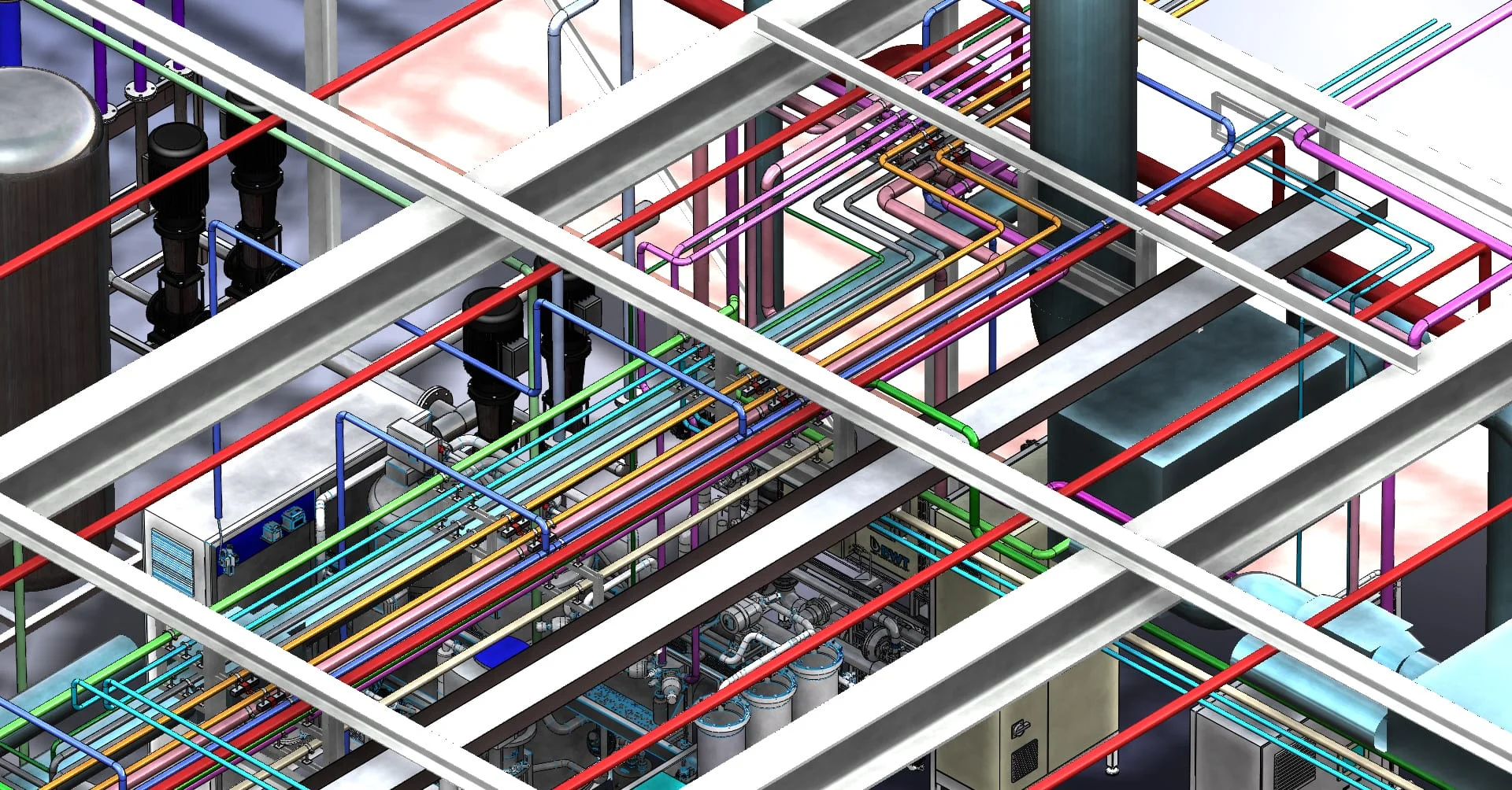 Wizualizacja systemu rur i instalacji przemysłowej o różnych kolorach z metalowymi belkami podtrzymującymi konstrukcję.
