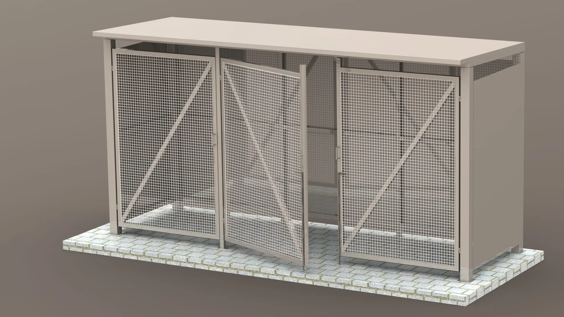 Metalowa wiata na śmieci z trzema drzwiczkami z siatki, ustawiona na chodniku z kostki brukowej.