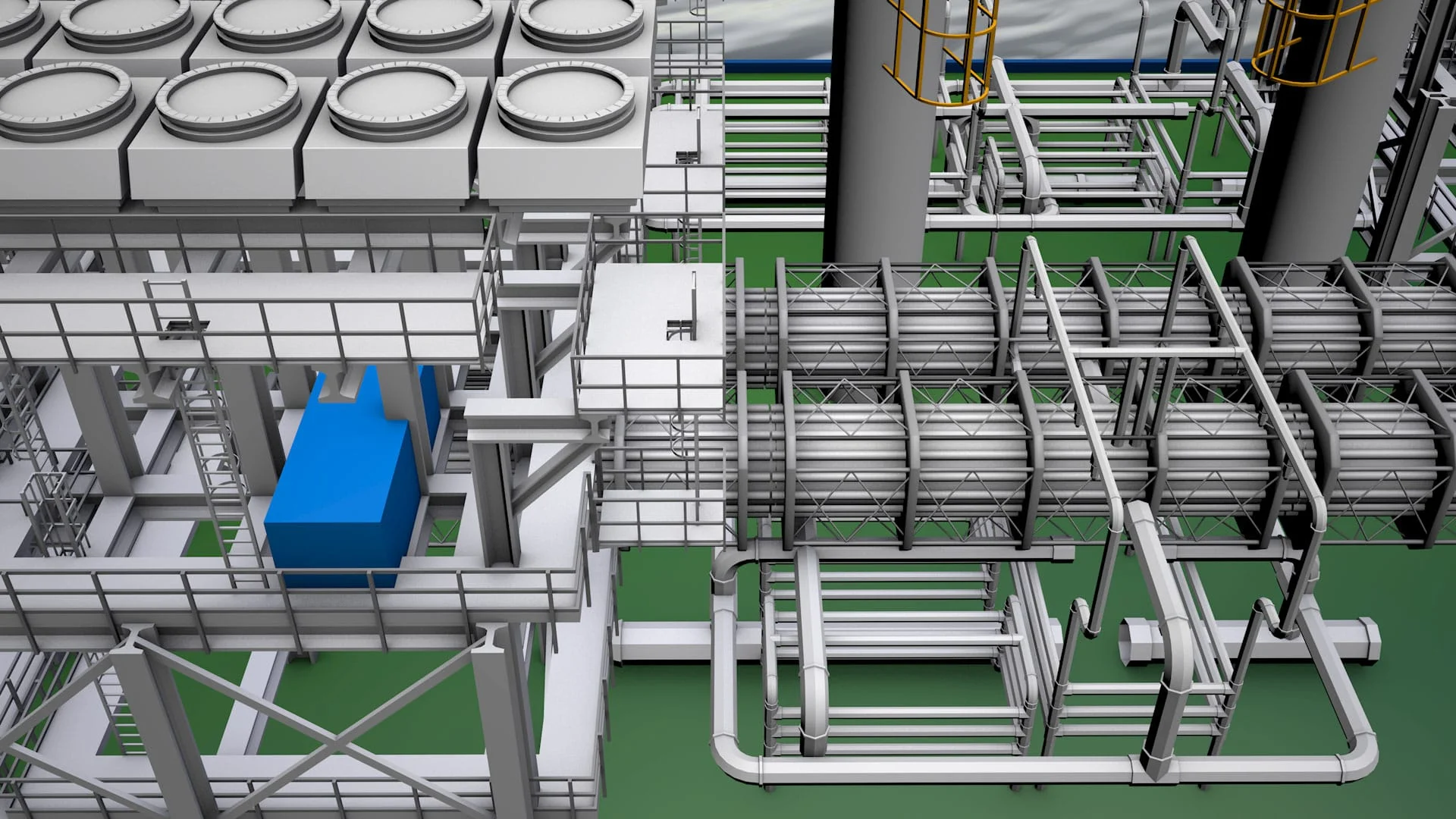 Trójwymiarowy model przemysłowy z siecią rur, stalową konstrukcją i platformą, z niebieskim elementem maszynowym.