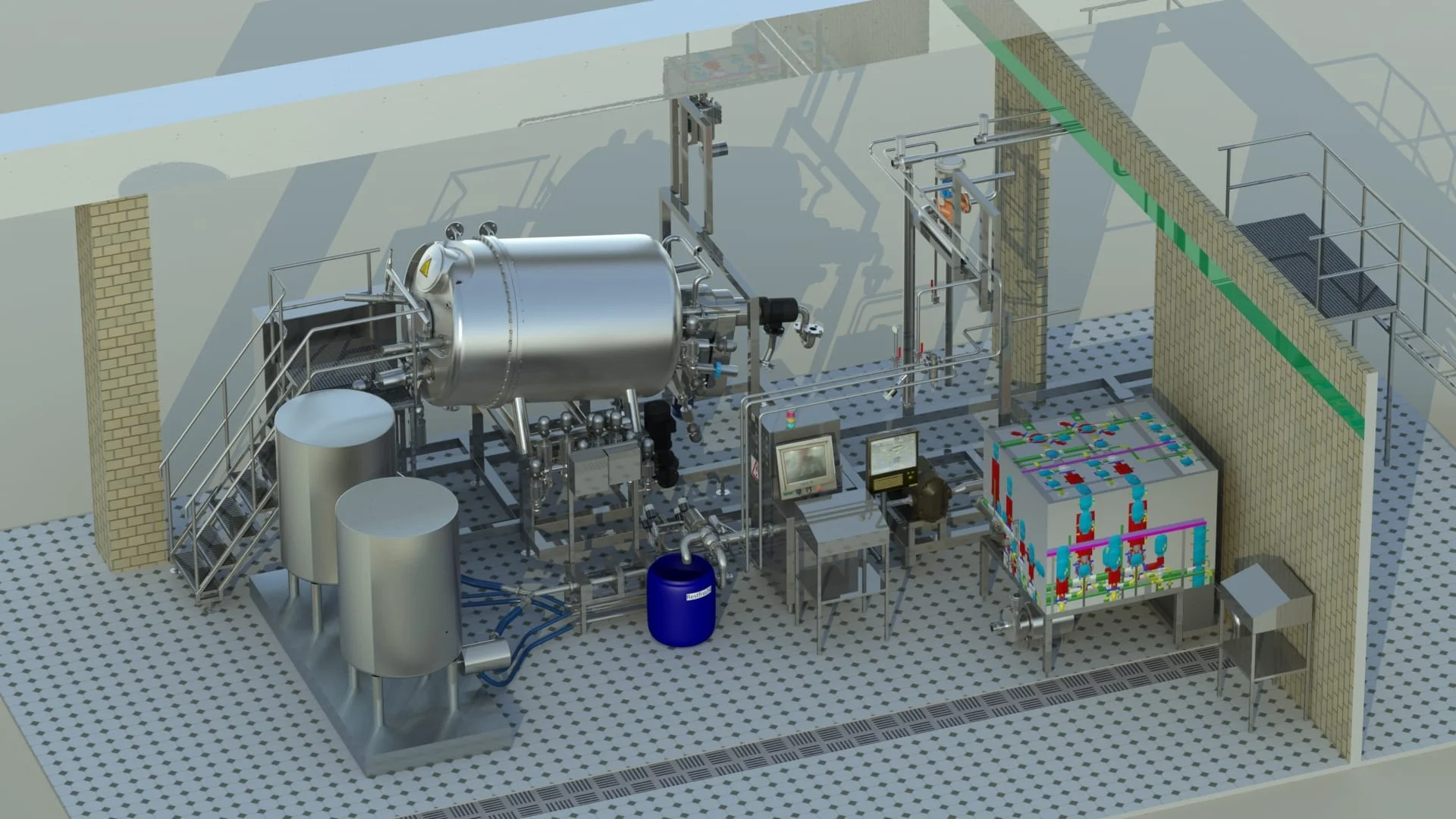 Wizualizacja instalacji przemysłowej z metalowymi zbiornikami, rurami, monitorem i sterowaniem na szarej podłodze.