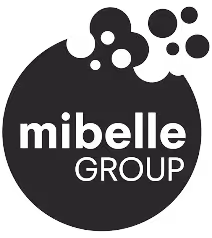 Logo grupy mibelle z okrągłym wzorem i bąbelkami.