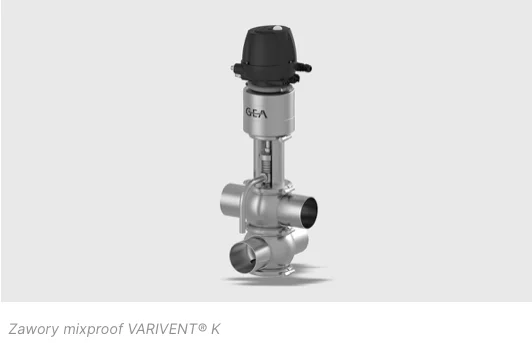 Metalowy zawór mixproof VARIVENT® K z czarną górną częścią sterującą.