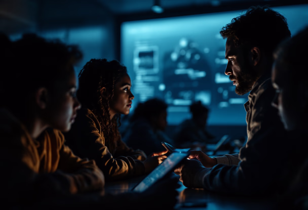 image of a teacher interacting with students using digital tools (for an edtech)