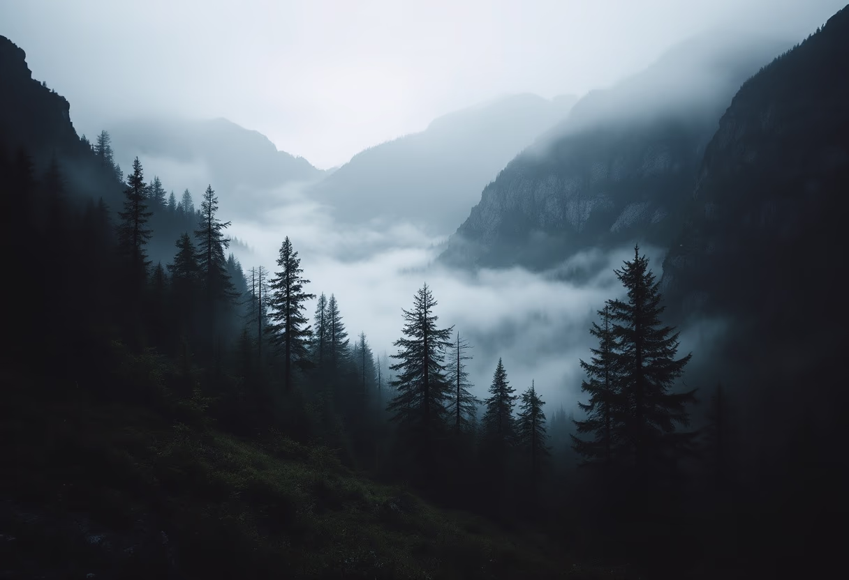 [background image] misty mountain valley at dusk (for an environmental conservation nonprofit)