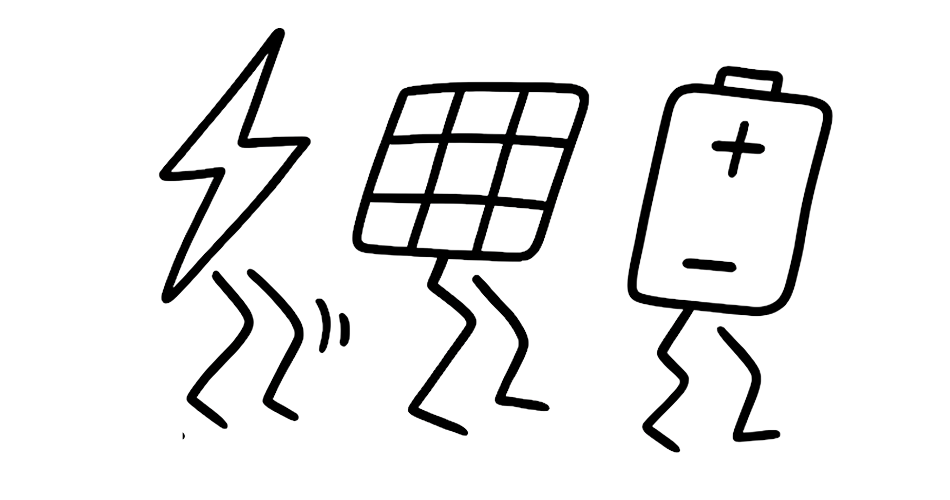 Enkle strekfigurer som symboliserer elektrisk lyn, solcellepanel og batteri, alle med ben som går.