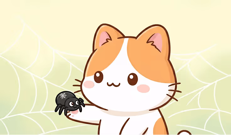 Cartoon orange and white cat holding a cute black spider with a small web on its back, against a light background with spider webs.