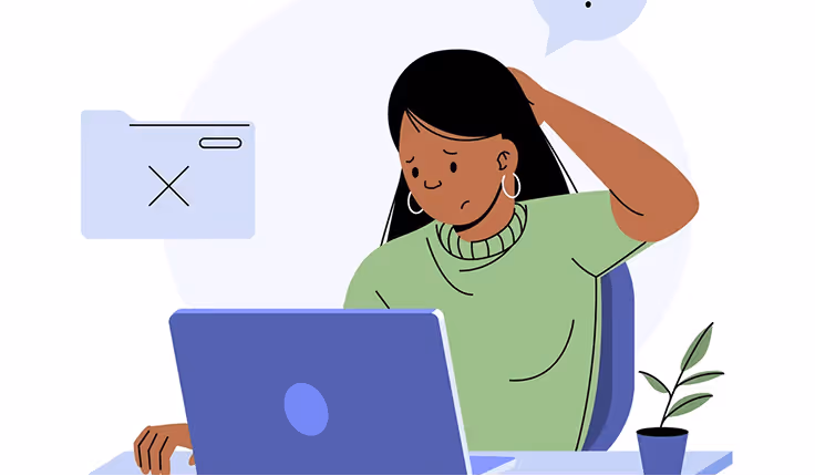 Illustration of a woman looking confused and scratching her head while sitting at a desk with a laptop and a small plant.