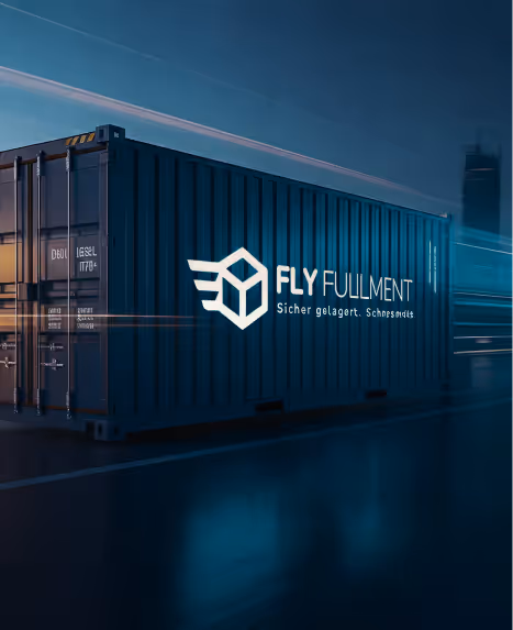 Blue cargo container with white Fly Fulfillment logo and the text 'Sicher gelagert. Schemesmidt' on its side.