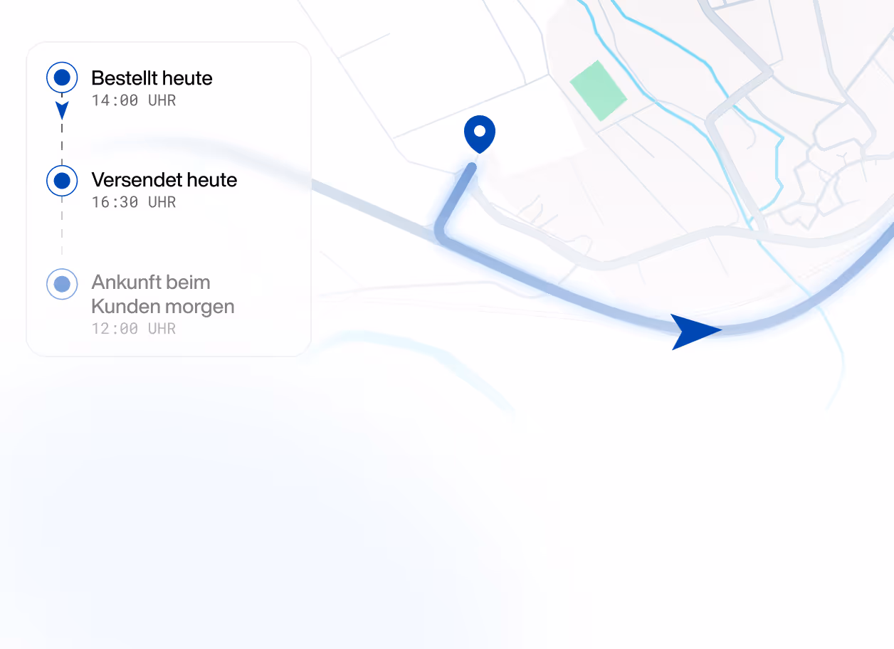 Delivery status map showing ordered at 14:00, shipped at 16:30, and expected arrival at customer tomorrow at 12:00.