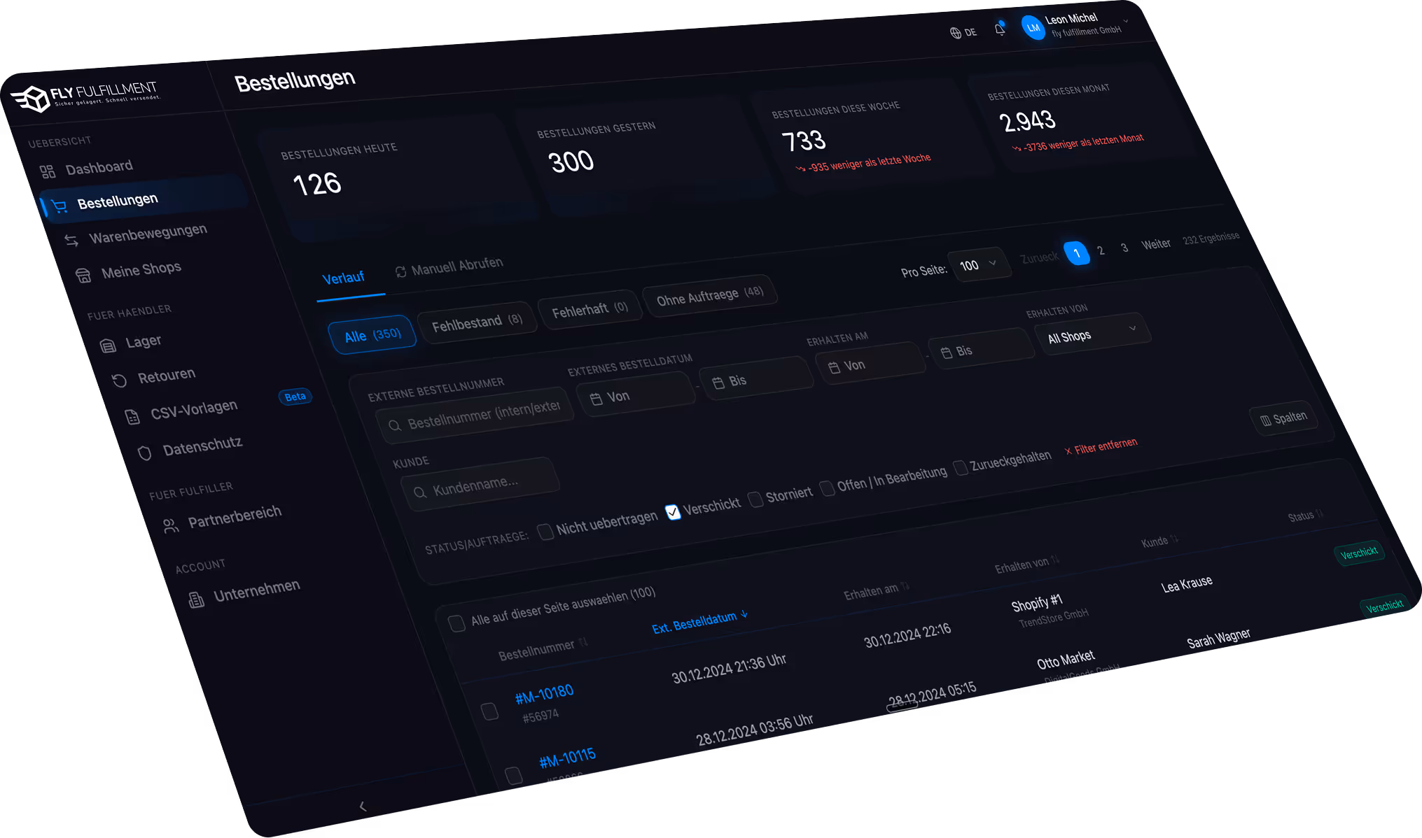 Dashboard interface showing order statistics with sections for today's, yesterday's, this week's, and this month's orders, filtering options, and a list of orders with details.