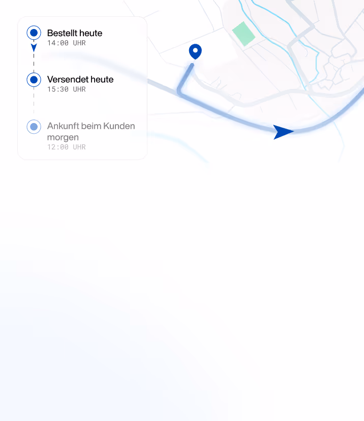 Delivery tracking map showing order placed at 14:00, shipped at 15:30, and estimated customer arrival tomorrow at 12:00.