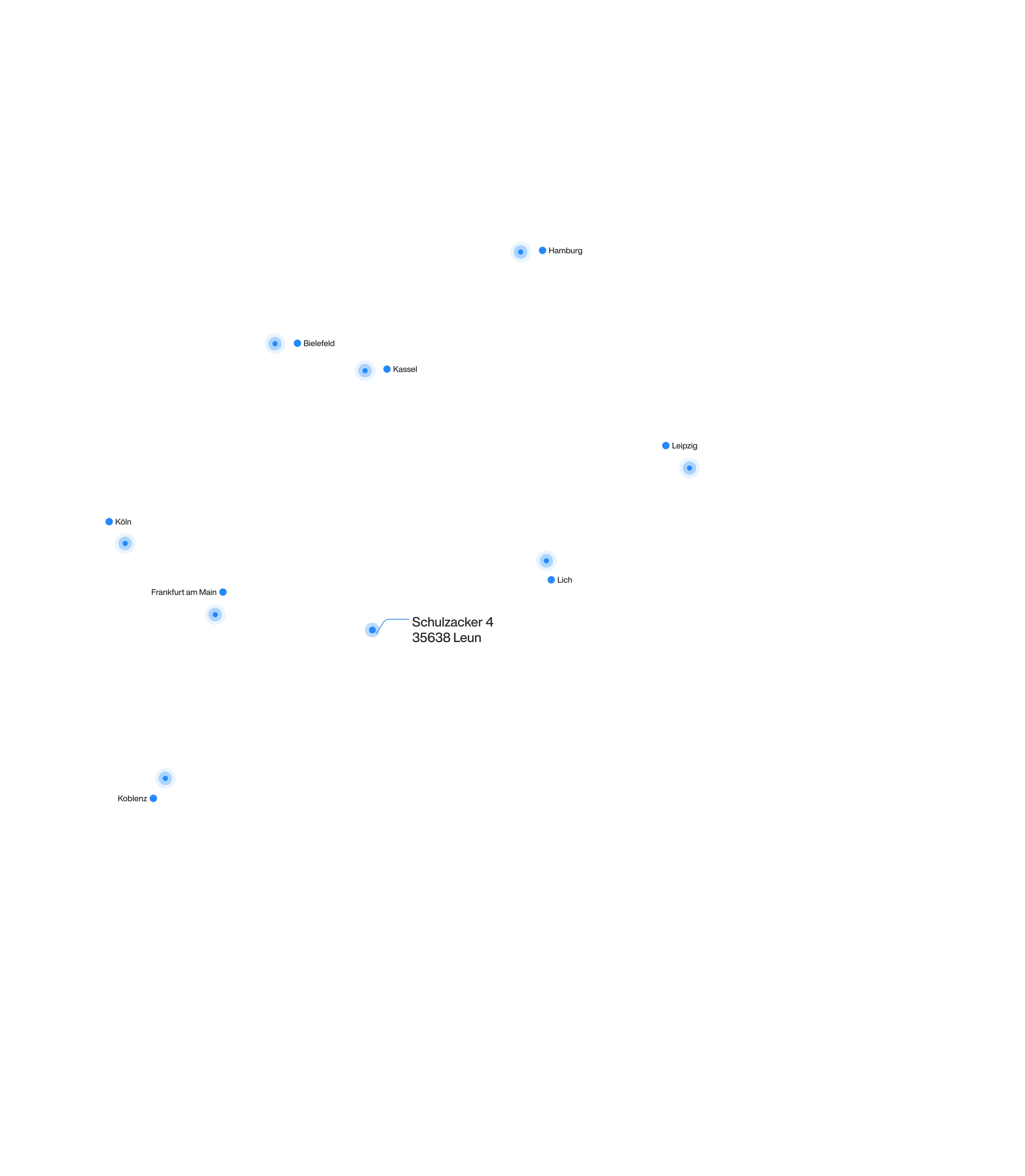 Map of Germany highlighting cities Köln, Frankfurt am Main, Koblenz, Bielefeld, Kassel, Hamburg, Leipzig, Lich, and Schulzacker 4, 35638 Leun.