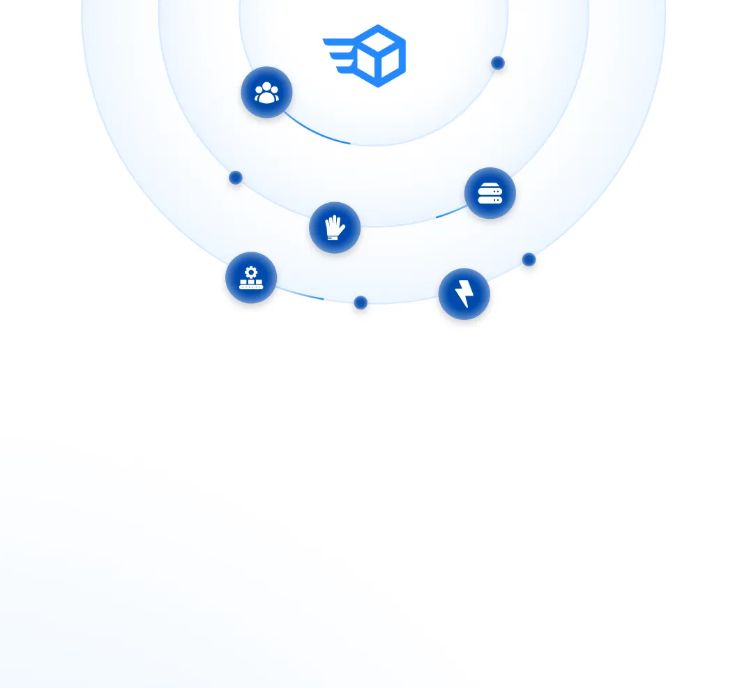 Blue icon of a flying box surrounded by five smaller blue circular icons representing group, server, hand, electricity, and hierarchy on a white background with concentric circles.