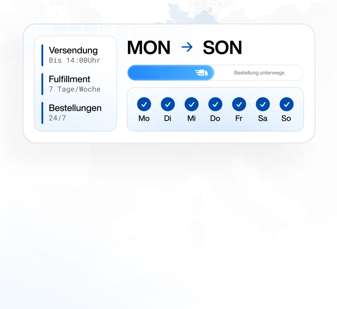 Delivery service schedule showing shipping until 14:00, fulfillment 7 days a week, and orders accepted 24/7 with delivery progress from Monday to Sunday.