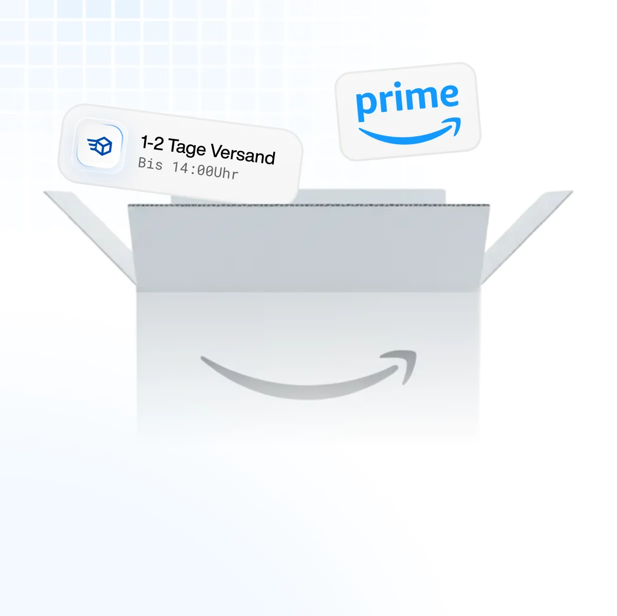 Open gray box with Amazon smile logo, showing 'prime' and German text for 1-2 day shipping until 14:00.