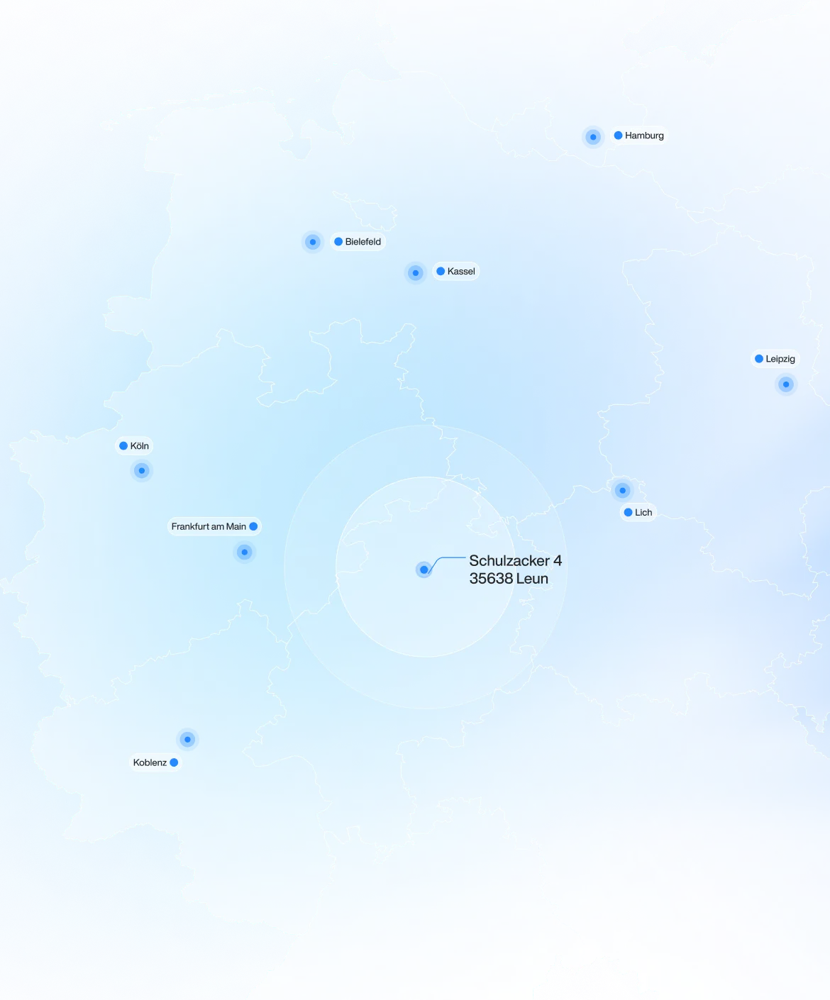 Map of Germany highlighting cities including Hamburg, Bielefeld, Kassel, Leipzig, Lich, Köln, Frankfurt am Main, Koblenz, and a marked location at Schulzacker 4, 35638 Leun.