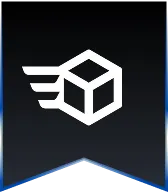 White abstract cube-like geometric logo on black background.