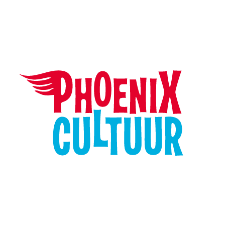Logo with word PHOENIX in red and CULTUUR in blue, PHOENIX letter P has three wing shapes.