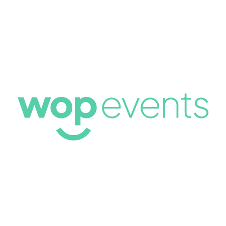 Text logo reading 'wop events' with a curved line under 'wop' resembling a smile.