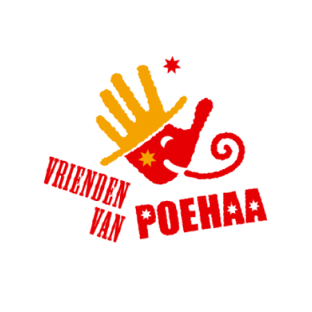 Logo with an orange hand and red smiling face wearing a yellow hat with text Vrienden van Poehaa.