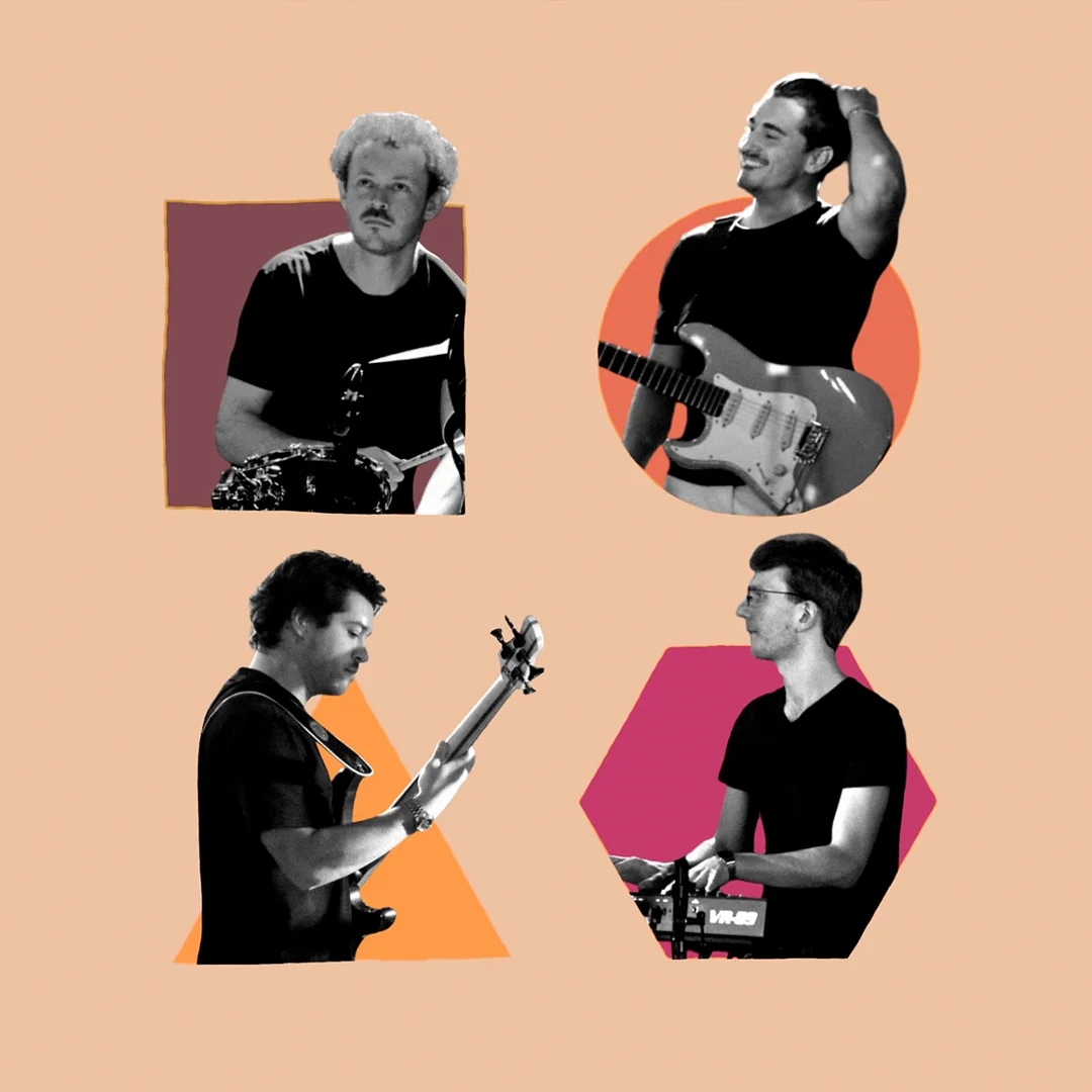 Black and white images of four male musicians with instruments against colored geometric shapes.