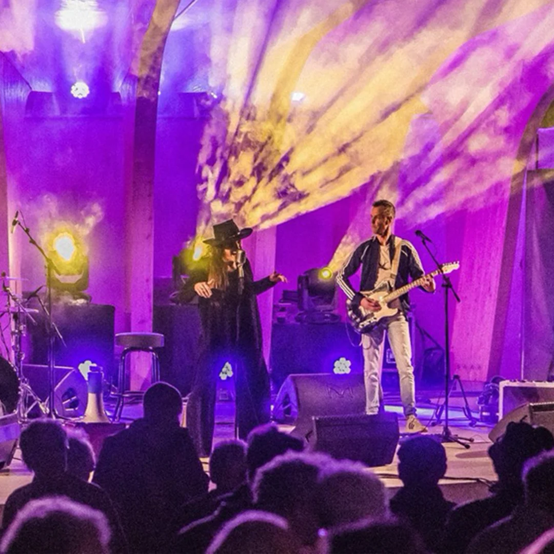 Singer in black hat and guitarist performing on stage with purple and yellow concert lights