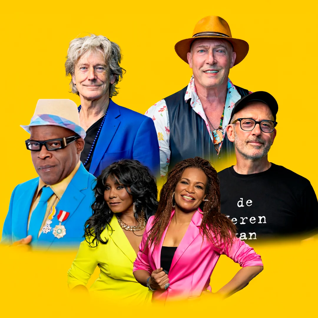 Group portrait of three men and two women on a yellow background, dressed in colorful clothing.
