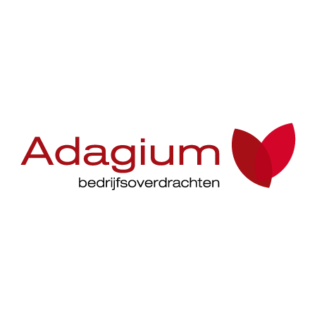 Adagium wordmark with two overlapping red leaf shapes on the right.