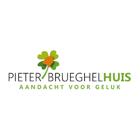 Pieter Brueghel Huis logo with a four-leaf clover and Dutch tagline about attention for happiness.