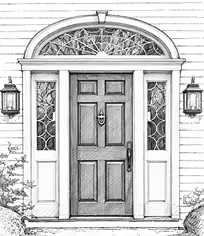 Illustration of a classic front door with decorative glass panels on the sides and a fanlight above, flanked by two wall lanterns.