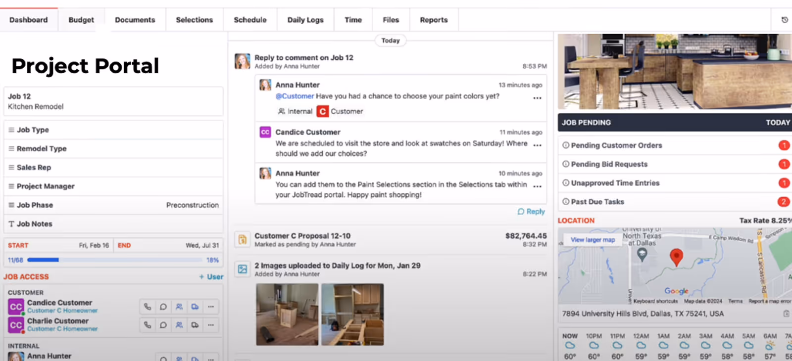 Project management dashboard for a kitchen remodel showing job details, customer messages, job pending tasks, location map, and weather forecast.