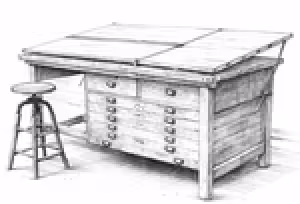 Sketch of a large wooden drafting table with multiple drawers and an adjustable angled top, accompanied by a round wooden stool.
