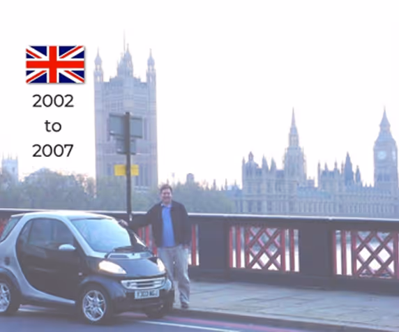 Man standing next to a Smart car on a bridge in London with the Palace of Westminster in the background.