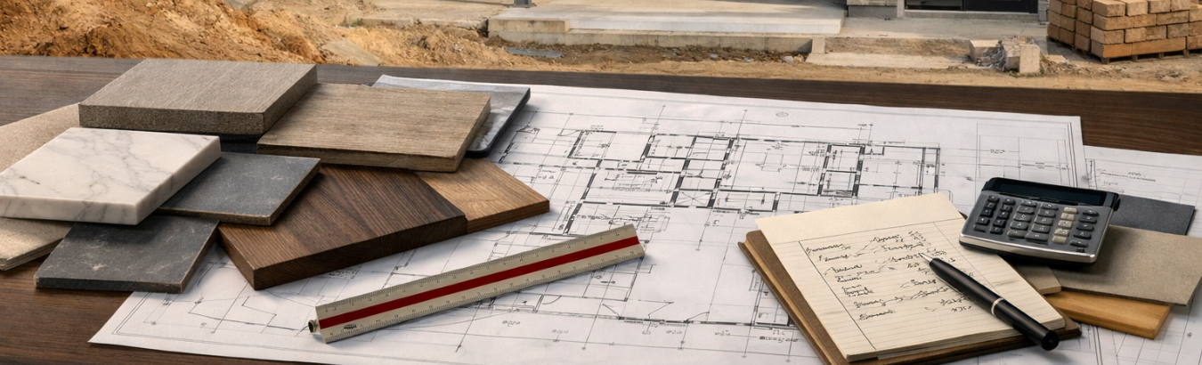 Residential plans, material samples, and cost notes