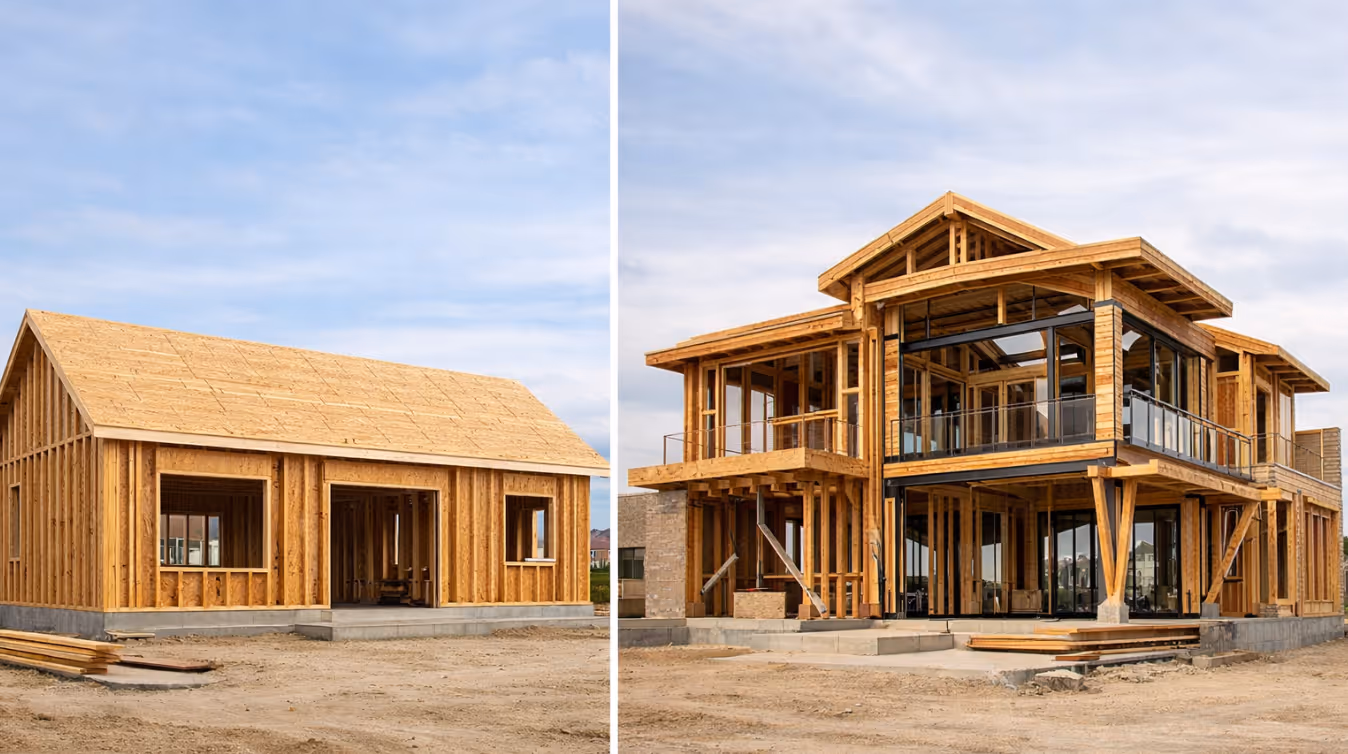Two house designs of equal size showing different complexity and construction detailing