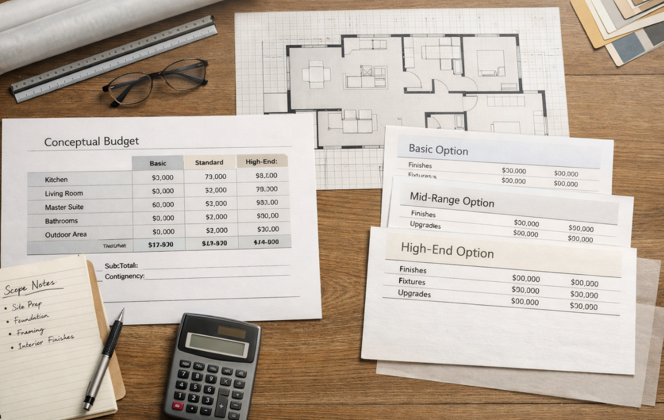 Early-stage residential construction budget with plans, notes, and tiered pricing options