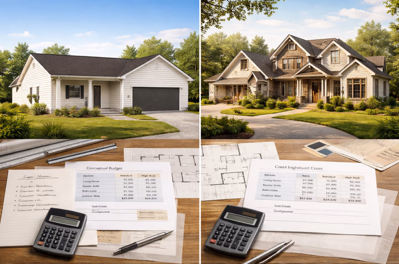 Two similar sized homes with different designs illustrating cost differences beyond square footage