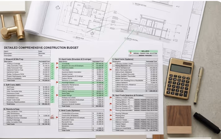 Detailed construction budget breakdown with categories showing full project cost scope