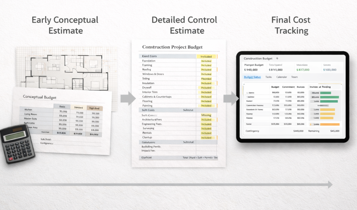Construction budget timeline showing progression from early estimates to final tracked costs