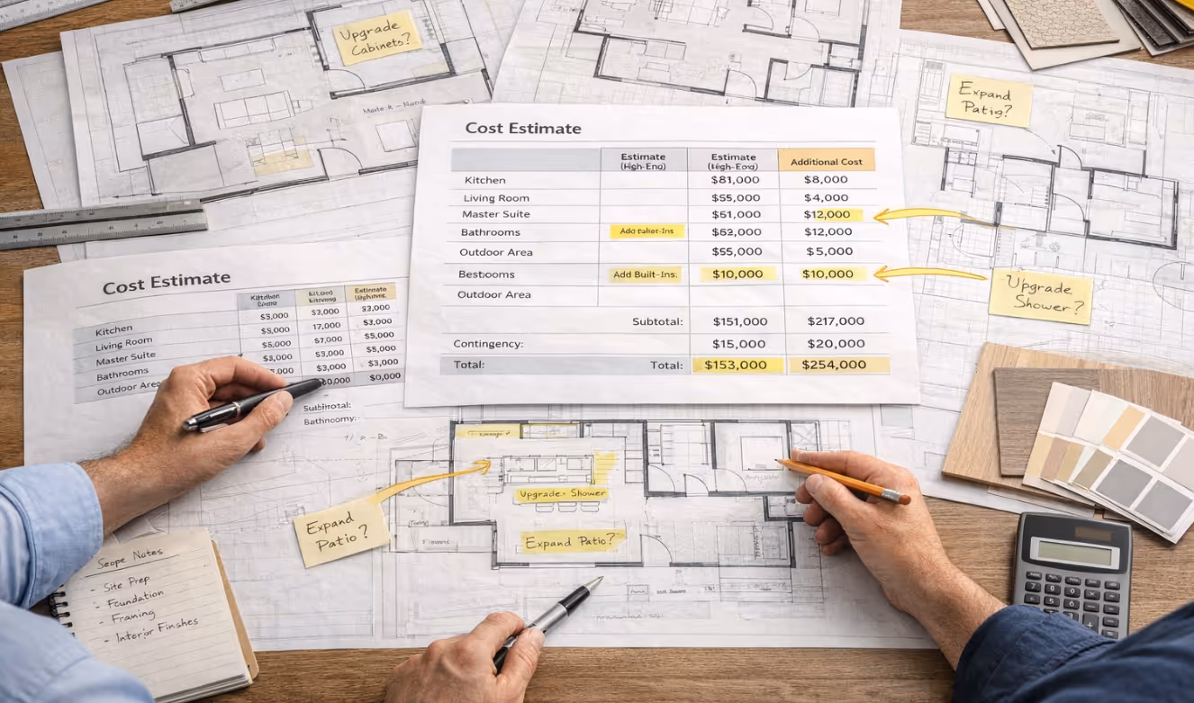 Architect and builder reviewing plans and cost estimates to align design with budget