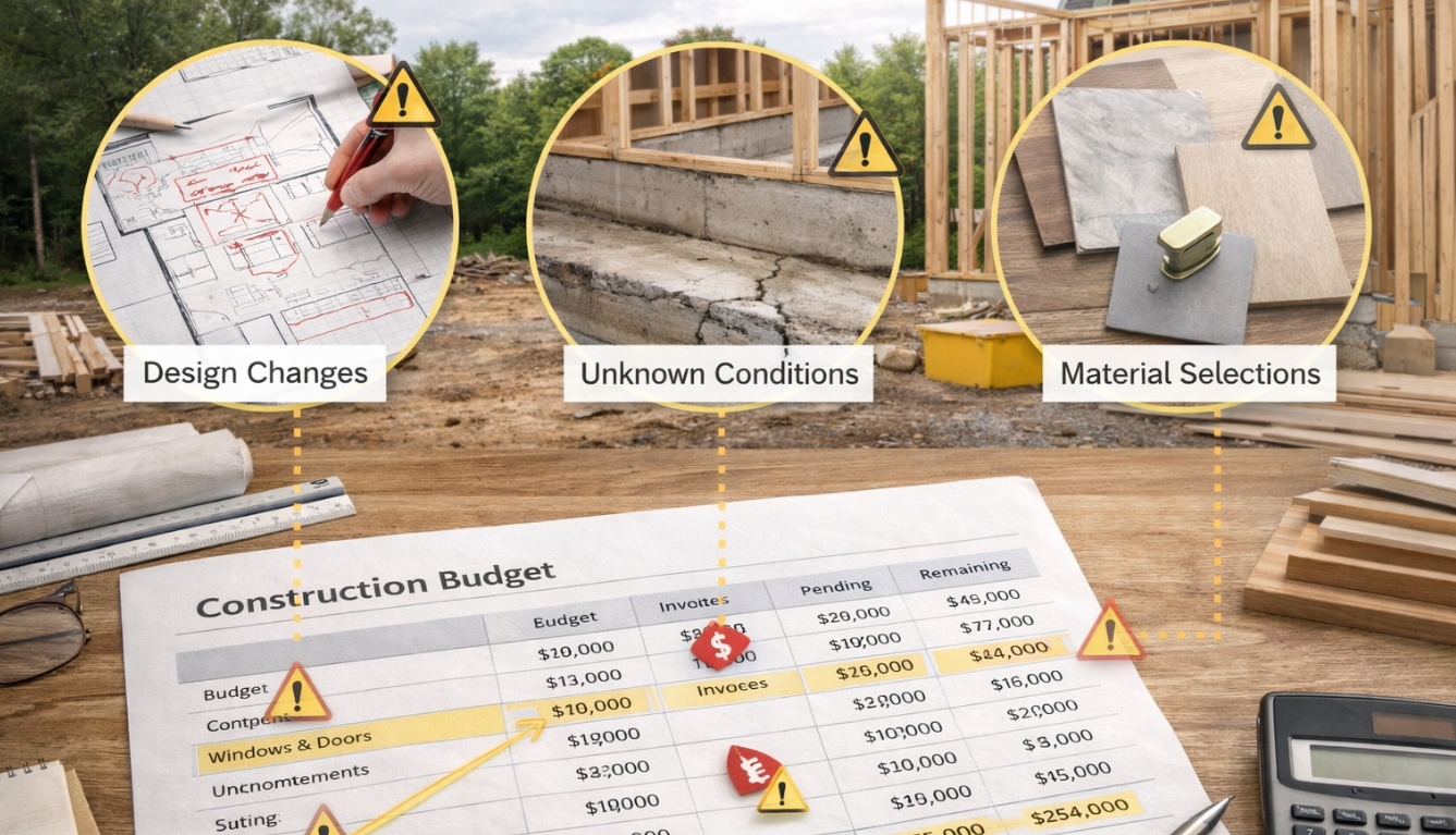 Construction budget sheet showing cost overruns with highlighted changes and risk indicators