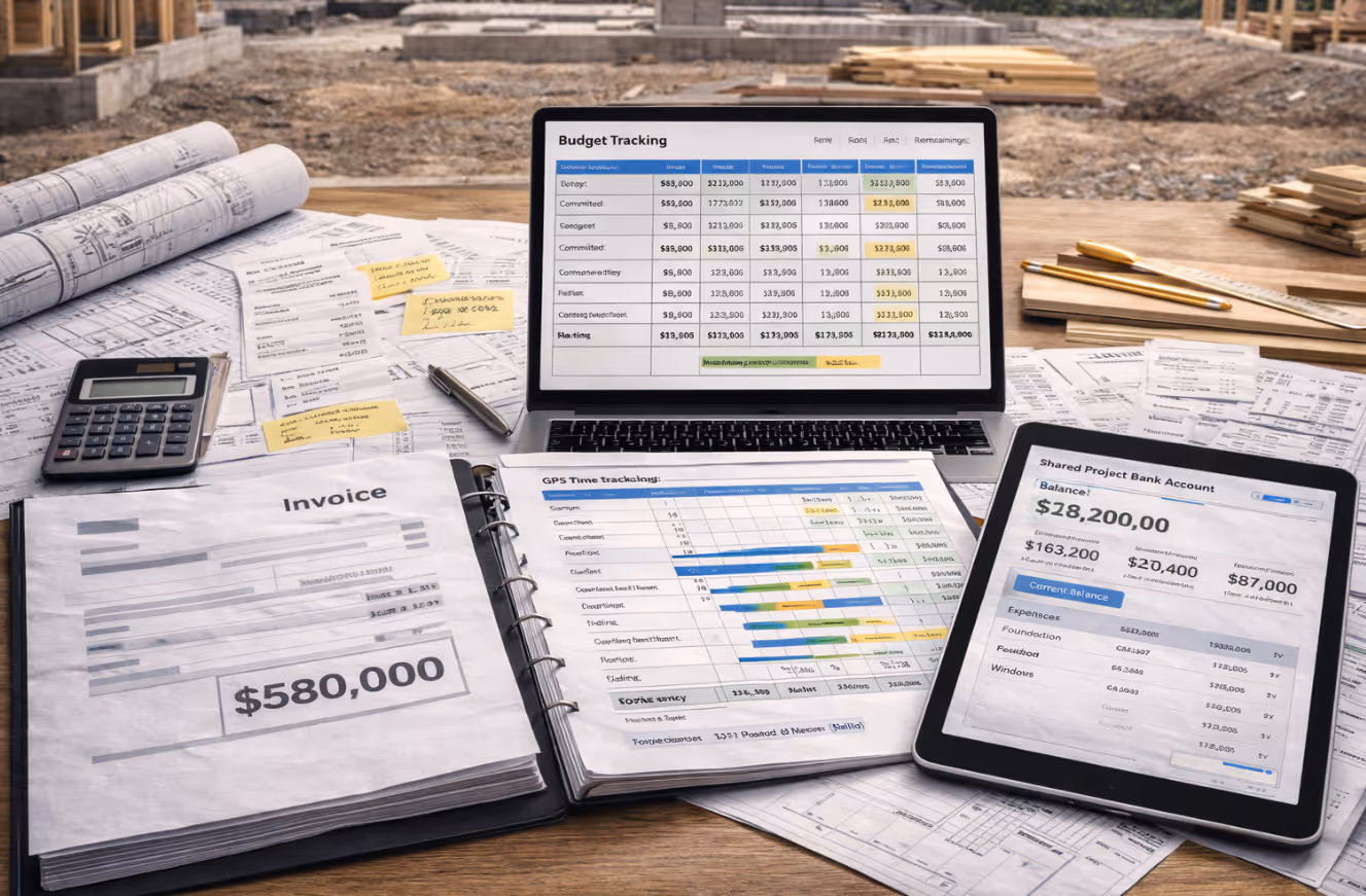 Open book construction showing invoices budget tracking and project transparency systems