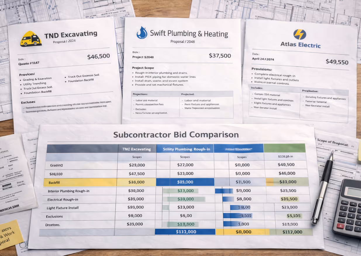 Subcontractor bid comparison with detailed scope documents and competitive pricing