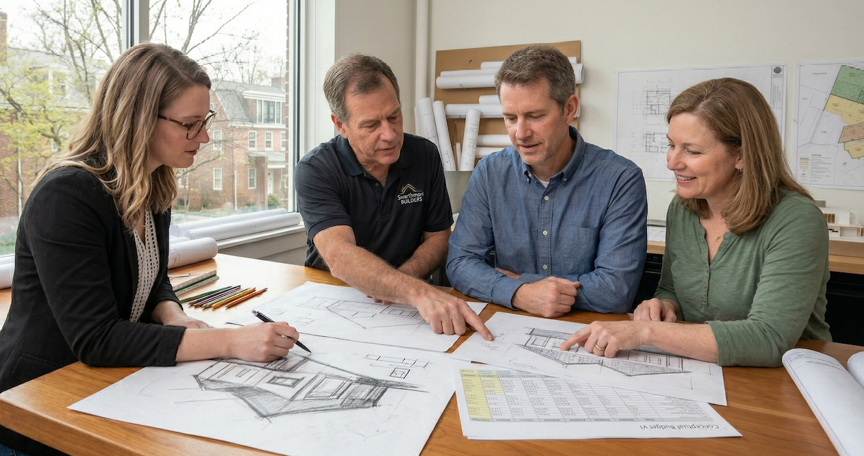 Architect and builder collaborating early in design process with budget planning