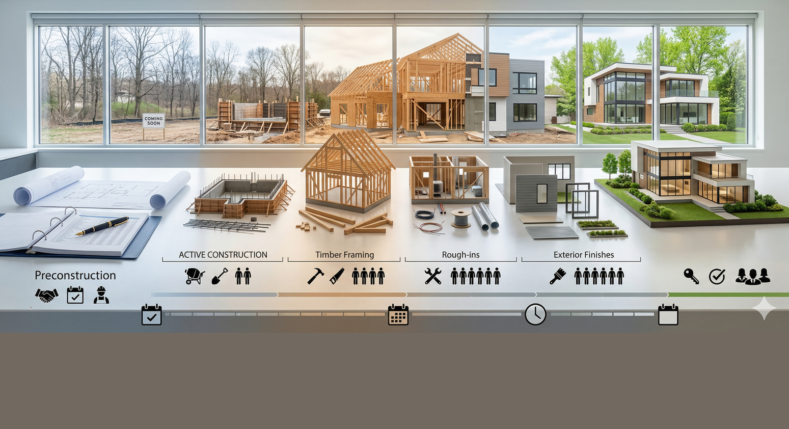 Timeline of high end construction project from planning through build phases