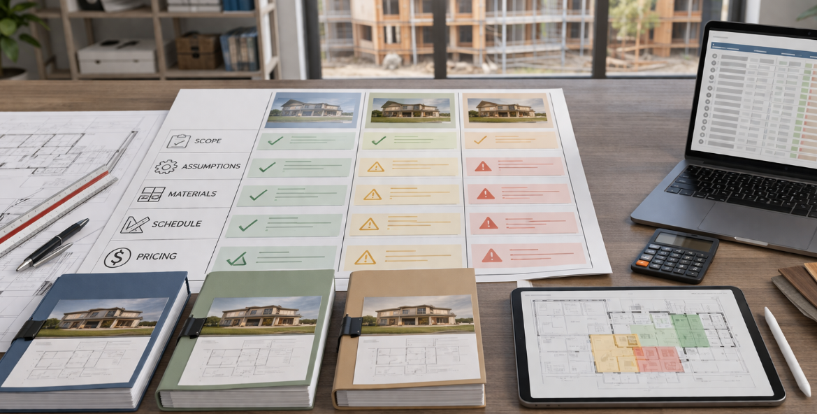 Comparison of construction proposals highlighting scope differences and cost categories