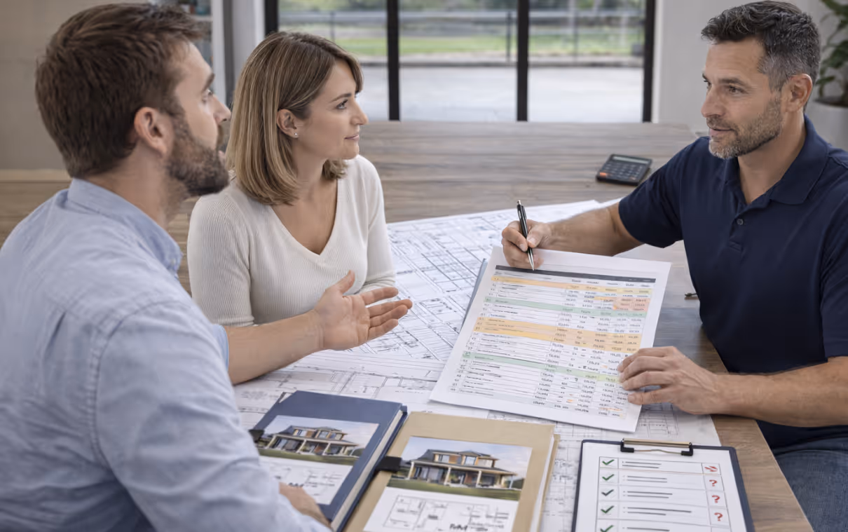 Homeowner asking builder questions with plans and evaluation checklist