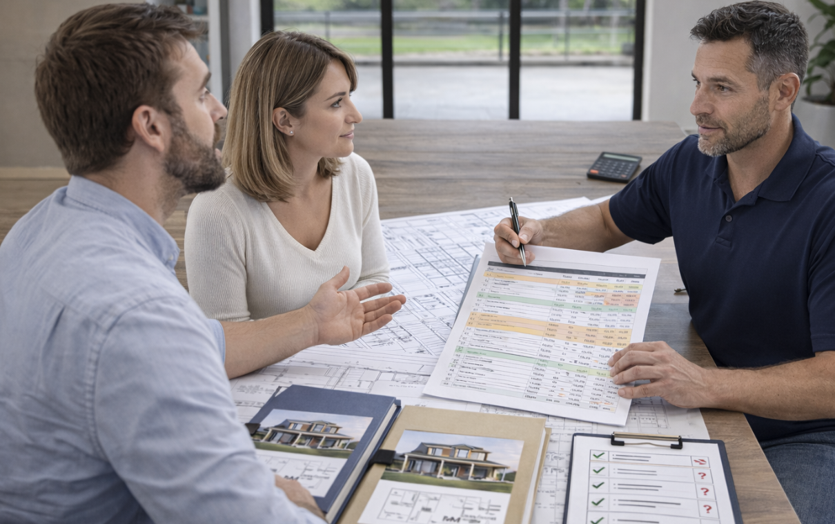 Homeowner asking builder questions with plans and evaluation checklist