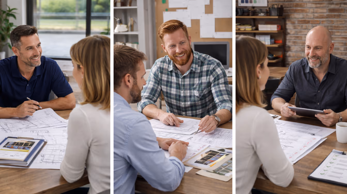 Homeowner meeting multiple builders then selecting one for detailed planning