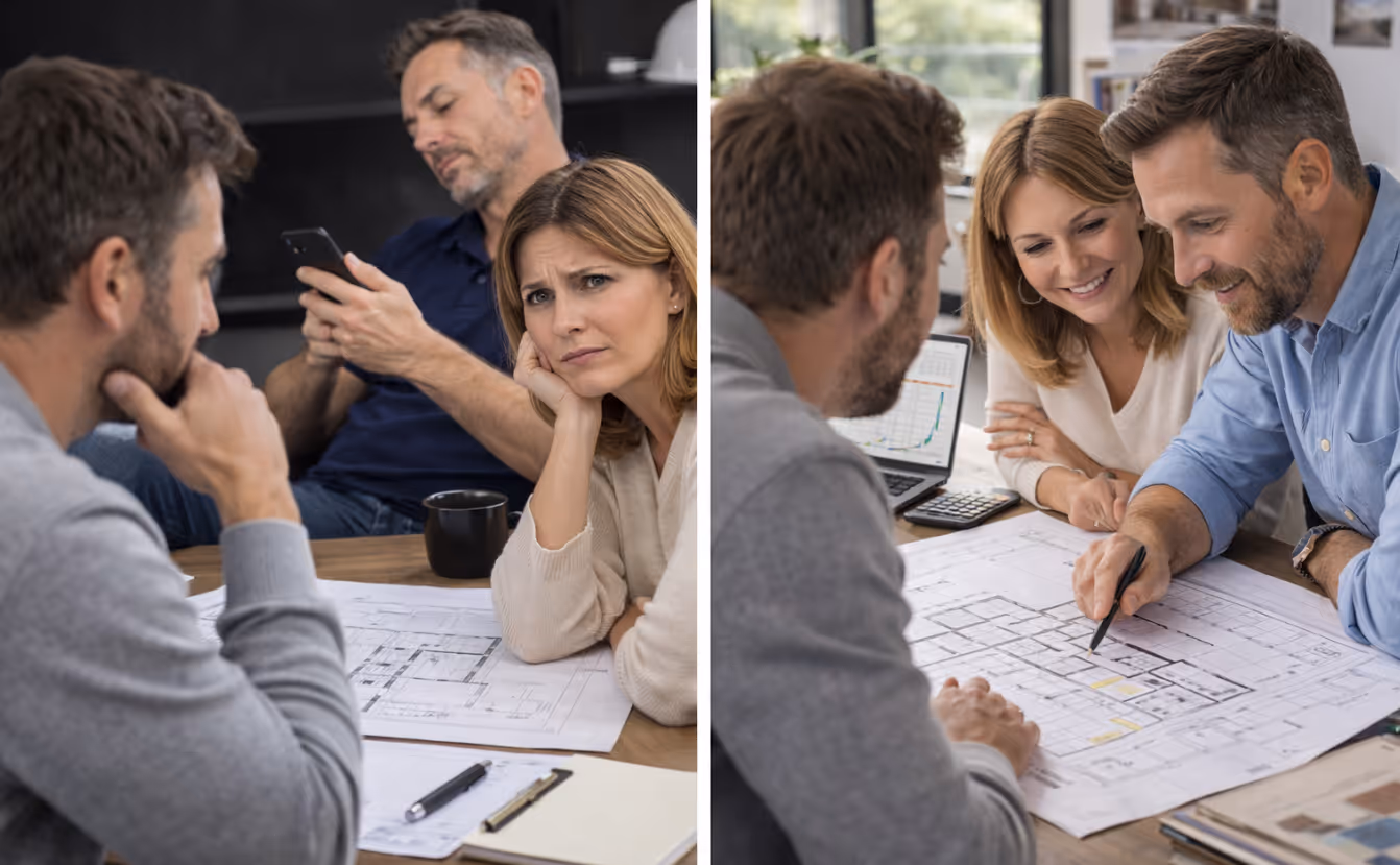 Comparison of attentive and inattentive builder during client discussion and planning